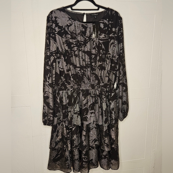 Lane Bryant Graphic Floral Black GrayKnee Length Tiered Dress Sz 14/16 NWT - Picture 1 of 15